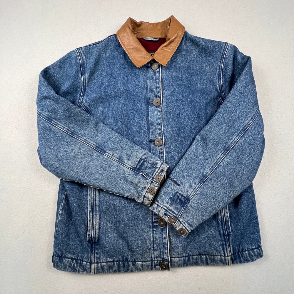 Woolrich Denim Barn Jacket Womens L Blue Leather Collar Fleece Lined Workwear